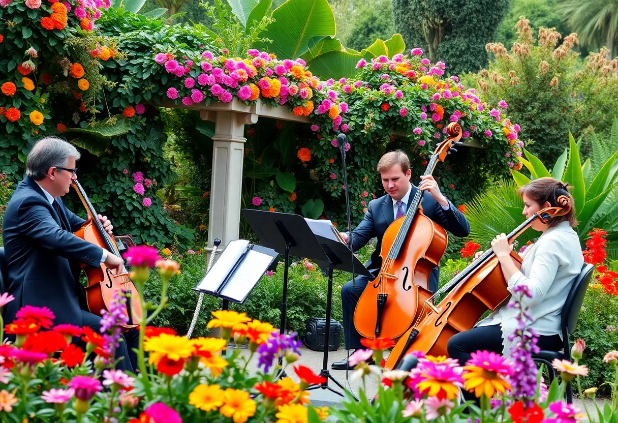 Musicians performing classical music at a botanical garden concert.