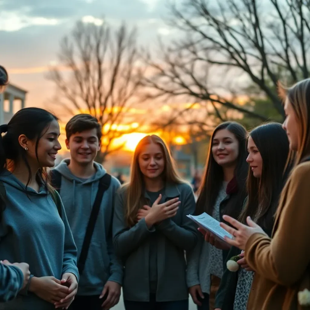 Students gathering at a university campus in remembrance of a beloved stray cat.