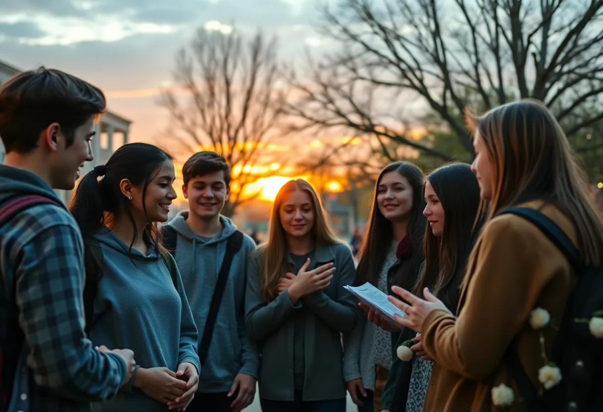 Students gathering at a university campus in remembrance of a beloved stray cat.