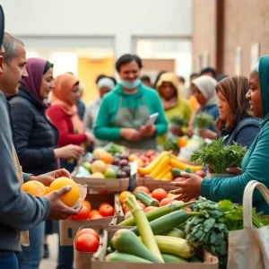 Volunteers at a community pantry providing food to families in San Antonio.