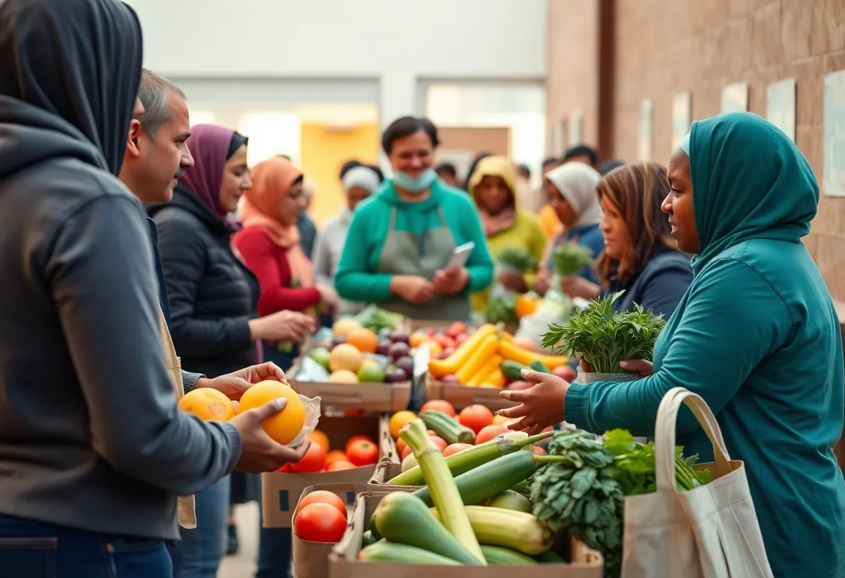 Volunteers at a community pantry providing food to families in San Antonio.