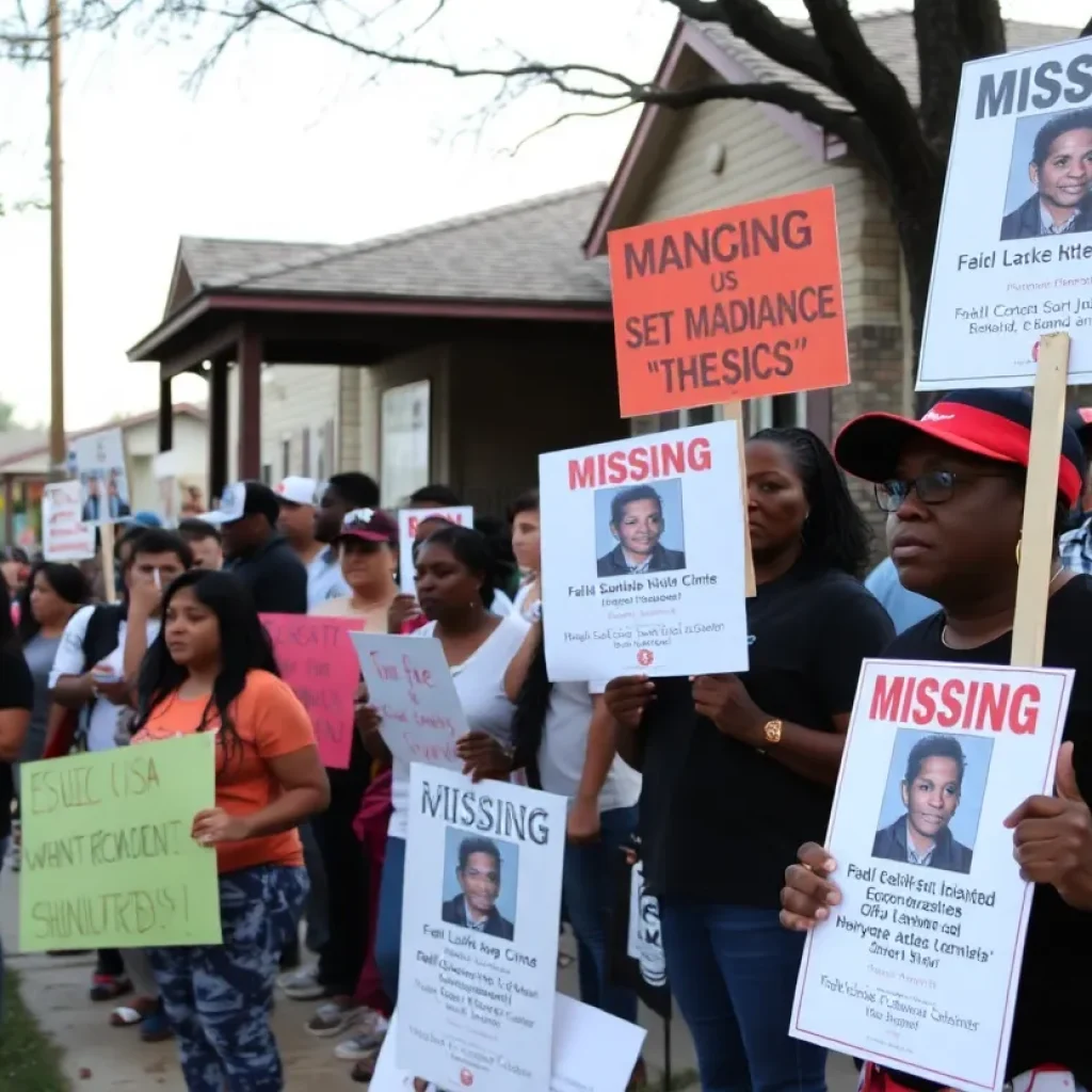 Community members holding signs in support of a missing person search in San Antonio.