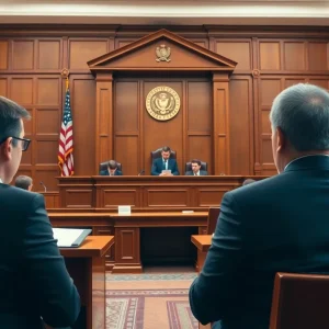 A courtroom scene during the human smuggling trial, showing the judge and jury