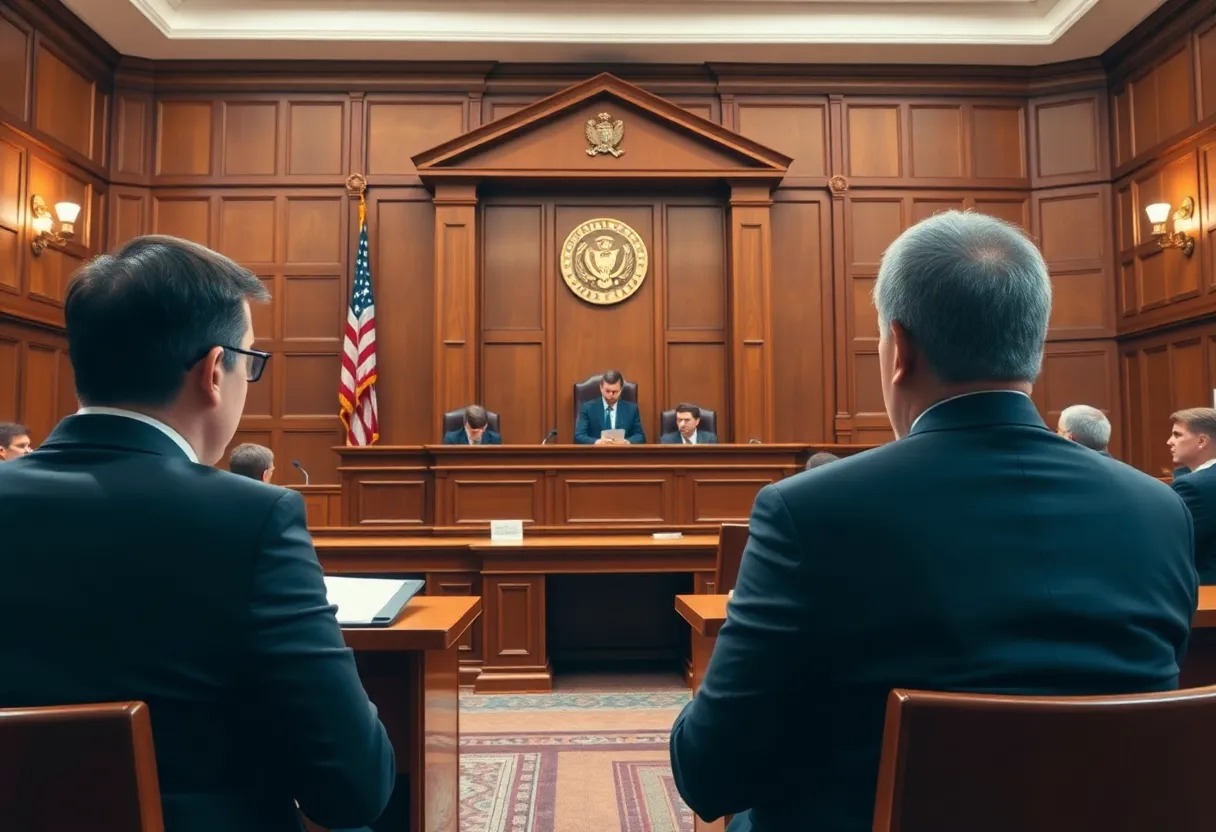 A courtroom scene during the human smuggling trial, showing the judge and jury