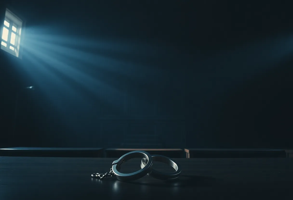 Courtroom scene with shadows and handcuffs symbolizing justice.