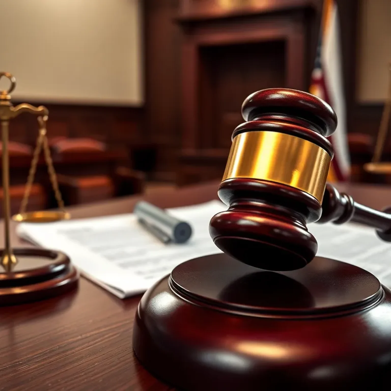 Courtroom scene depicting a gavel and legal documents