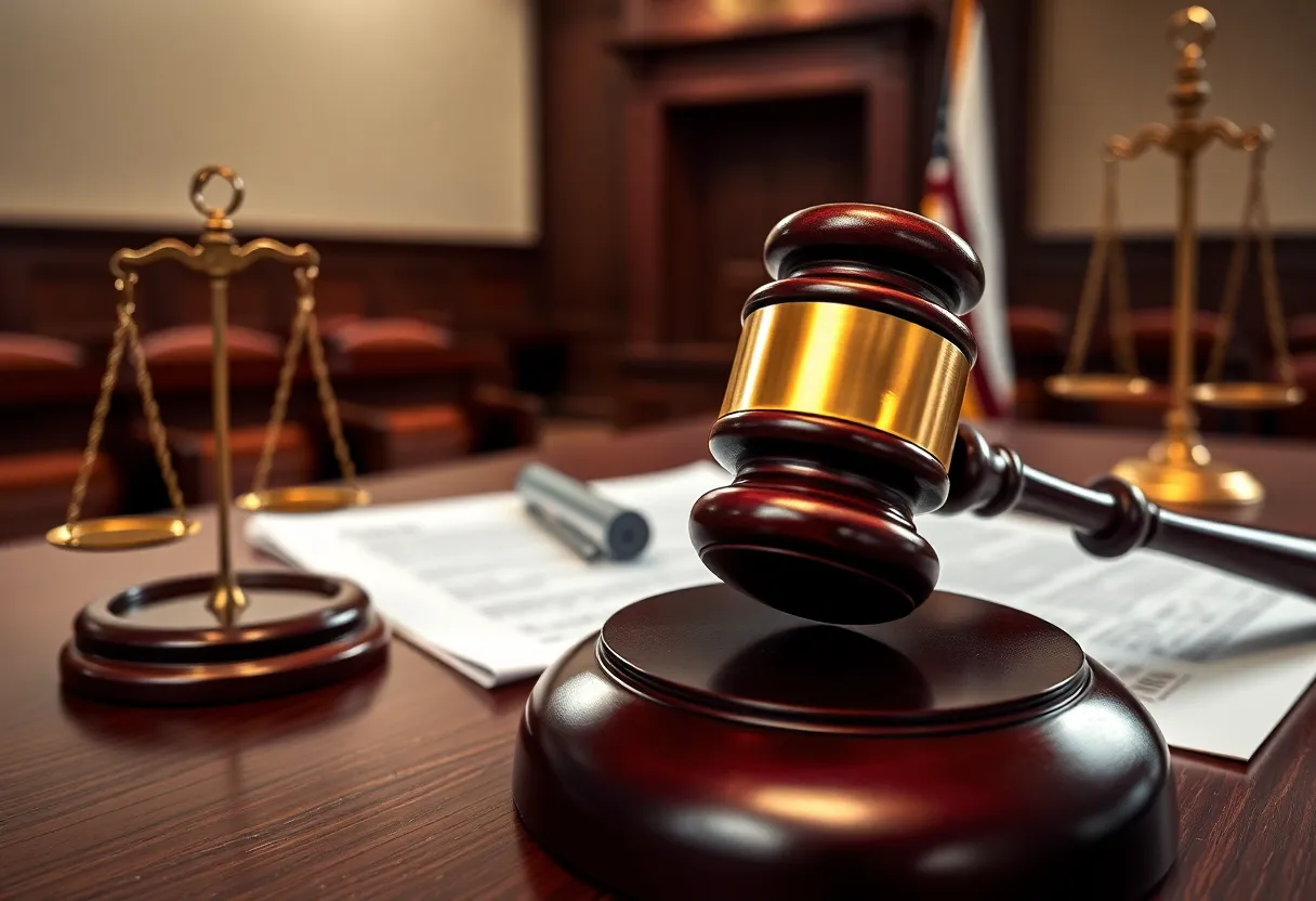 Courtroom scene depicting a gavel and legal documents