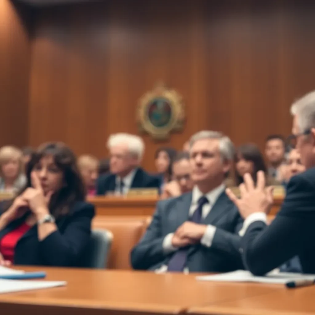 An intense courtroom scene illustrating a legal proceeding related to embezzlement.