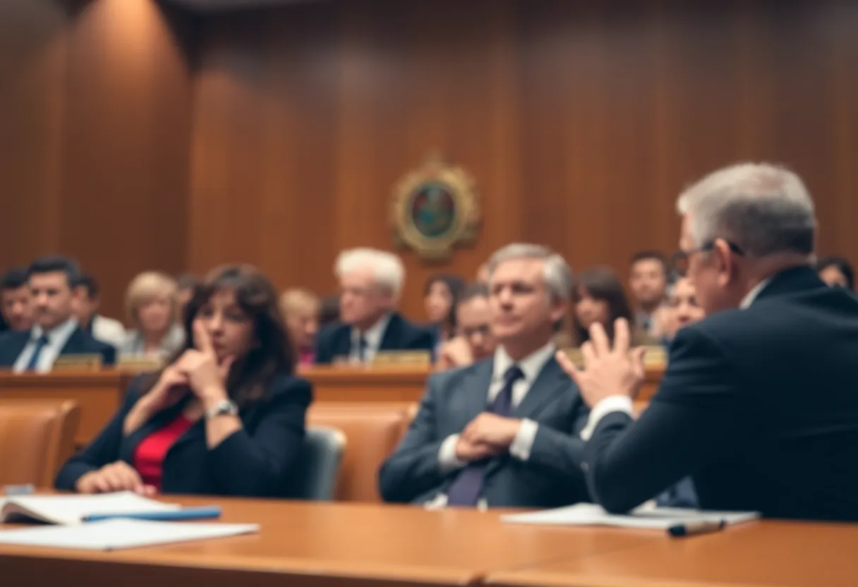 An intense courtroom scene illustrating a legal proceeding related to embezzlement.