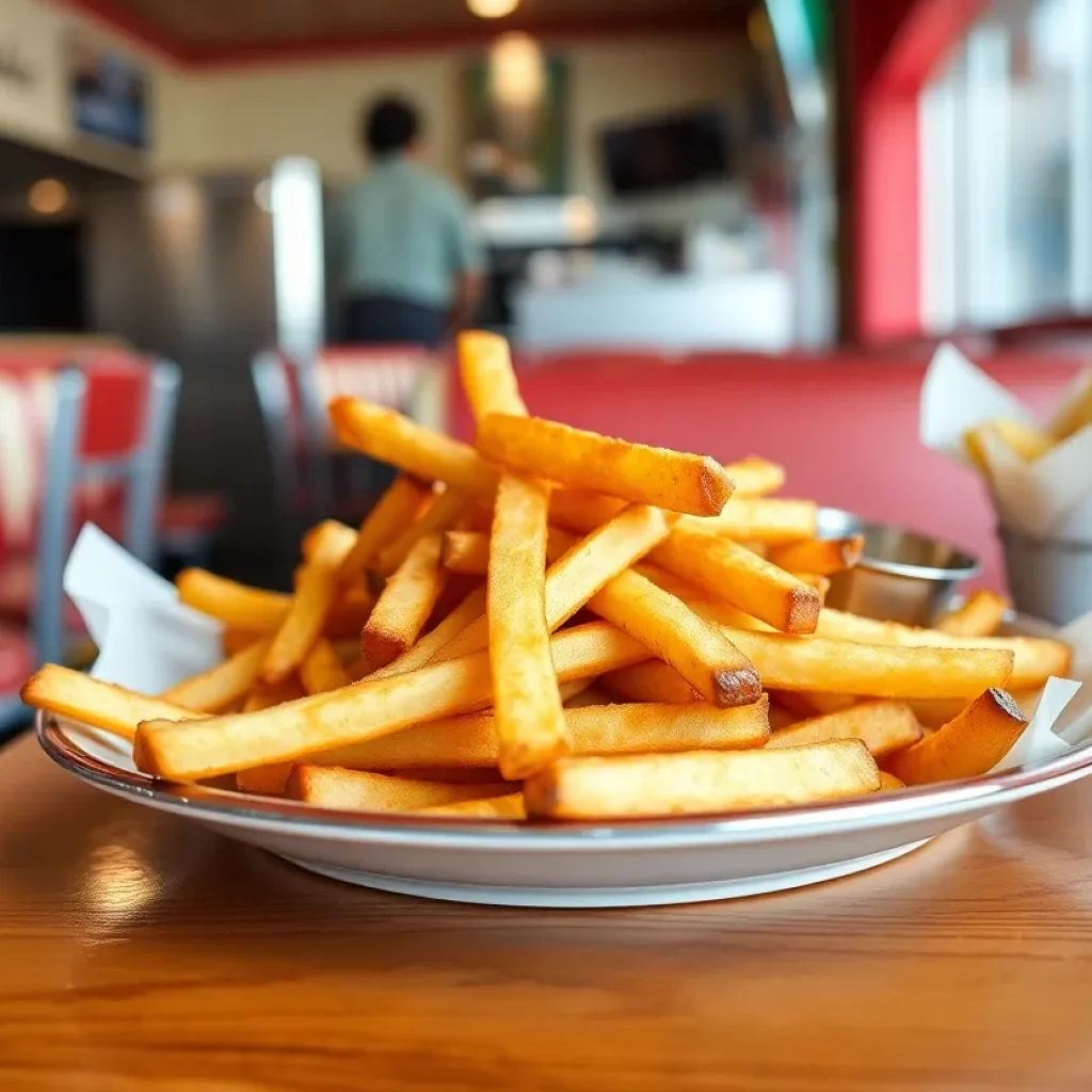 A plate of crispy fries cooked in beef tallow at a diner