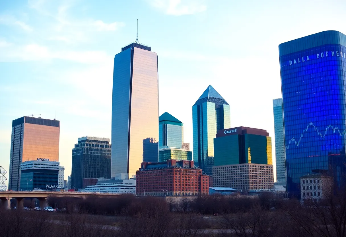 Dallas Skyline with Financial Symbols