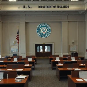 An illustration of the U.S. Department of Education building with empty offices.