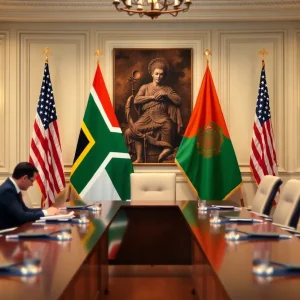 Flags of South Africa and the United States in a tense diplomatic setting.