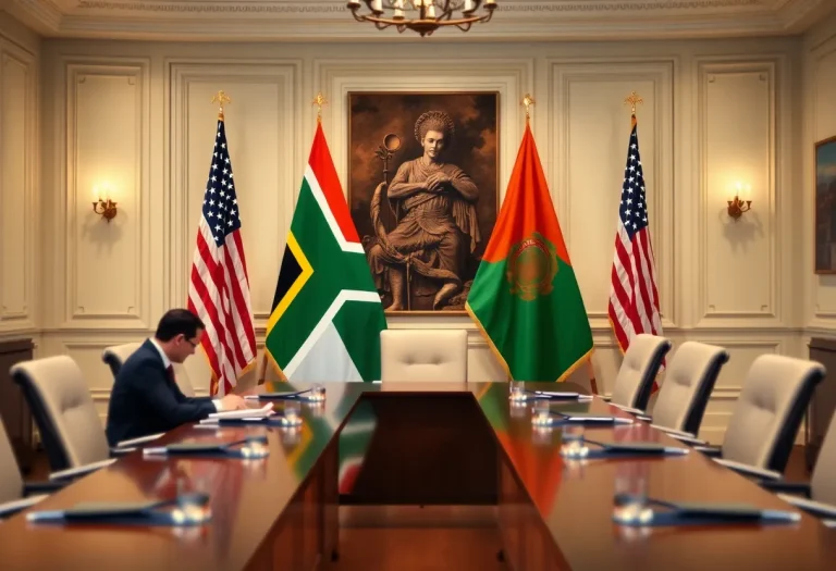 Flags of South Africa and the United States in a tense diplomatic setting.