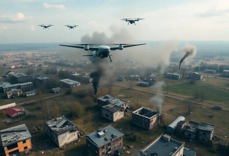 Drones flying over a conflict area in Ukraine