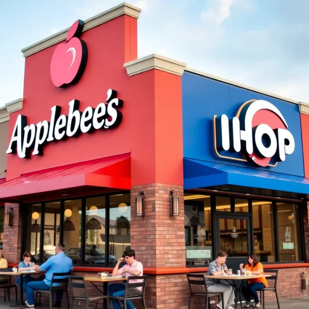 Exterior view of a dual-brand restaurant combining Applebee's and IHOP.