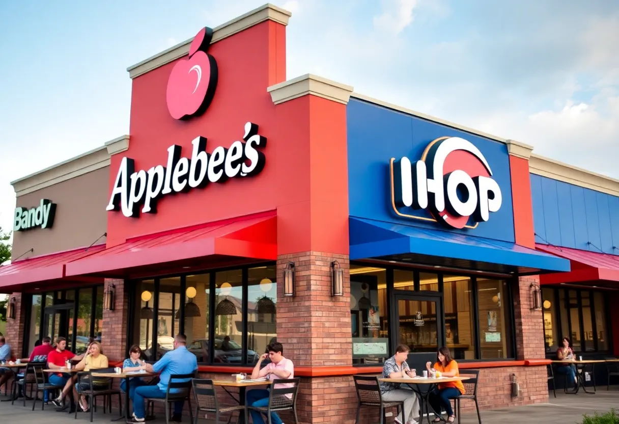 Exterior view of a dual-brand restaurant combining Applebee's and IHOP.