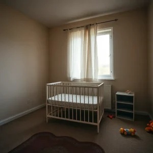 A quiet, empty baby crib in an apartment indicating abandonment.