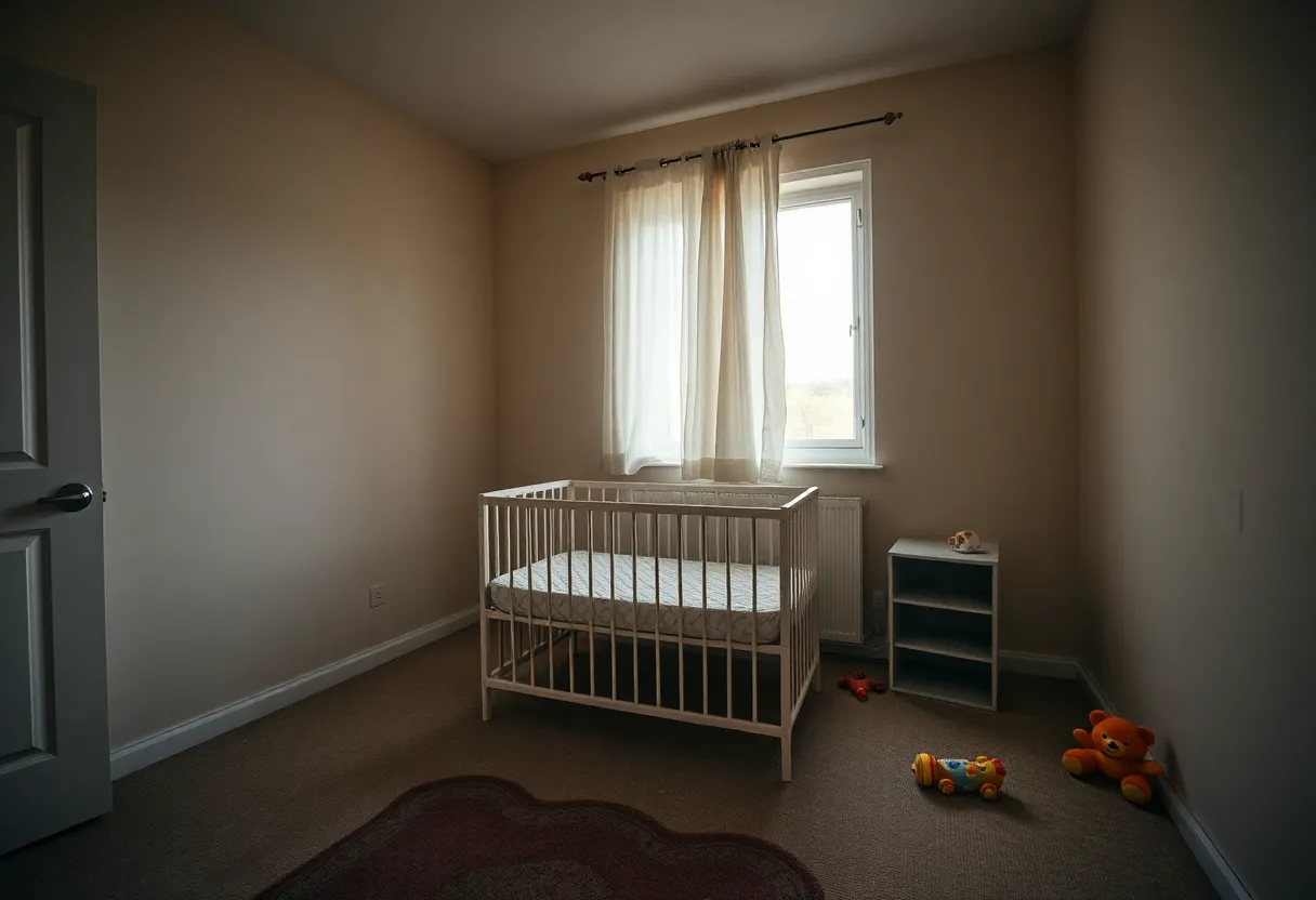 A quiet, empty baby crib in an apartment indicating abandonment.