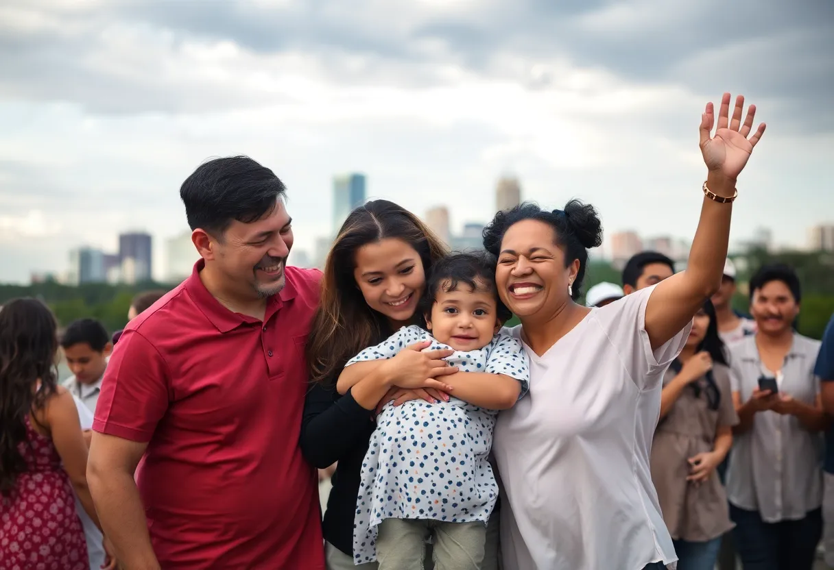 A joyful family reunion scene after the safe return of a missing child.