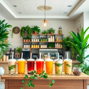 Interior of Feng Cha in San Antonio with colorful drinks