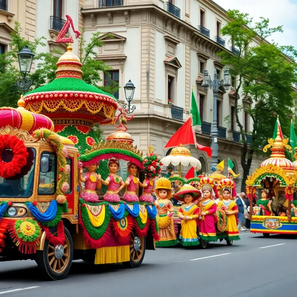 Colorful floats and decorations at the Fiesta 2025 parade in San Antonio.