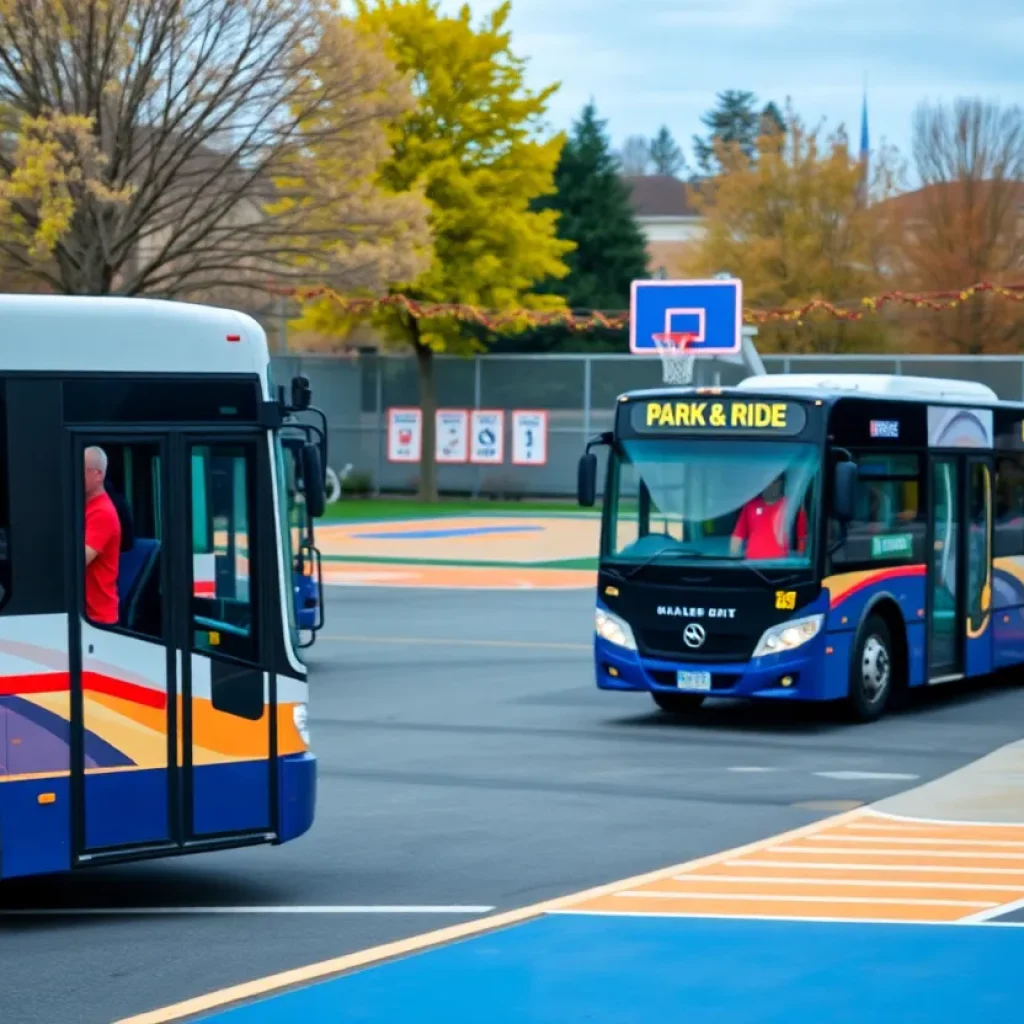 Buses lined up at a Park & Ride location for the Final Four weekend in San Antonio.