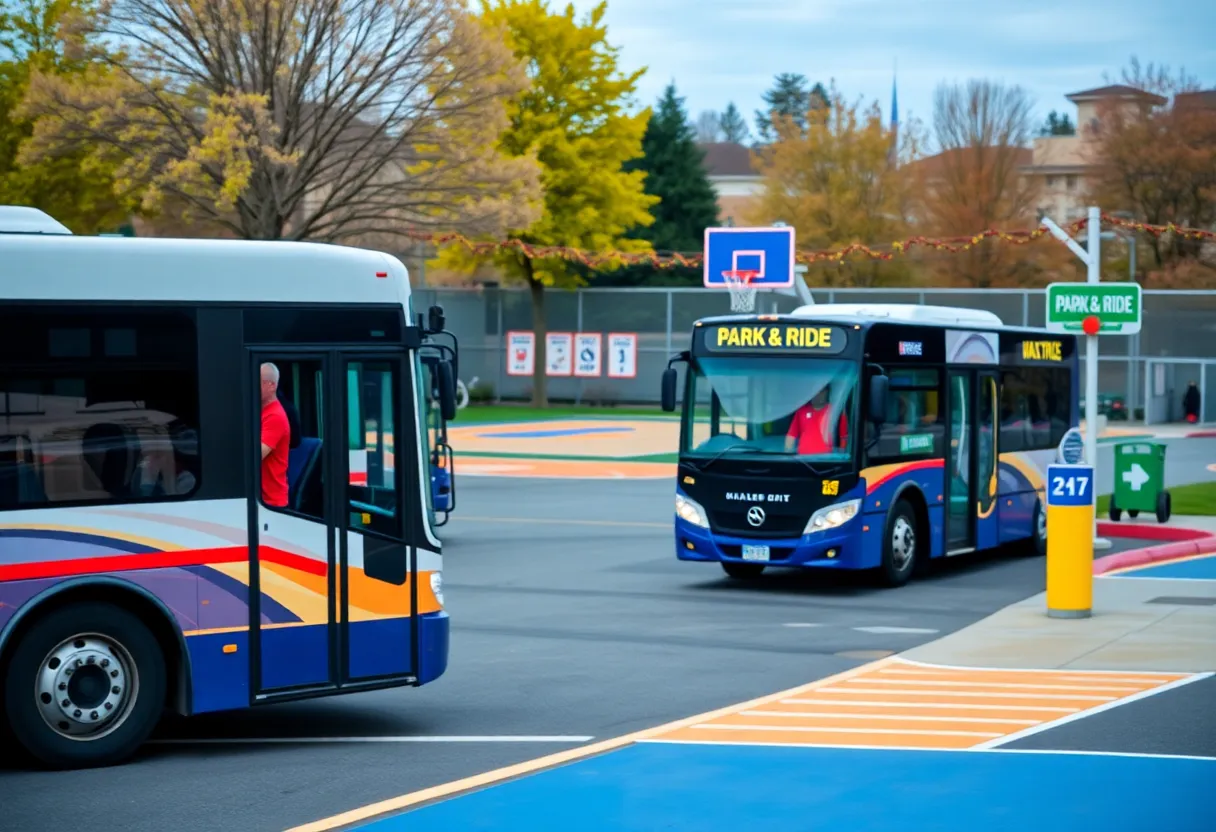 Buses lined up at a Park & Ride location for the Final Four weekend in San Antonio.