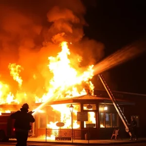 Firefighters combating the flames at Be'Same Bar in San Antonio