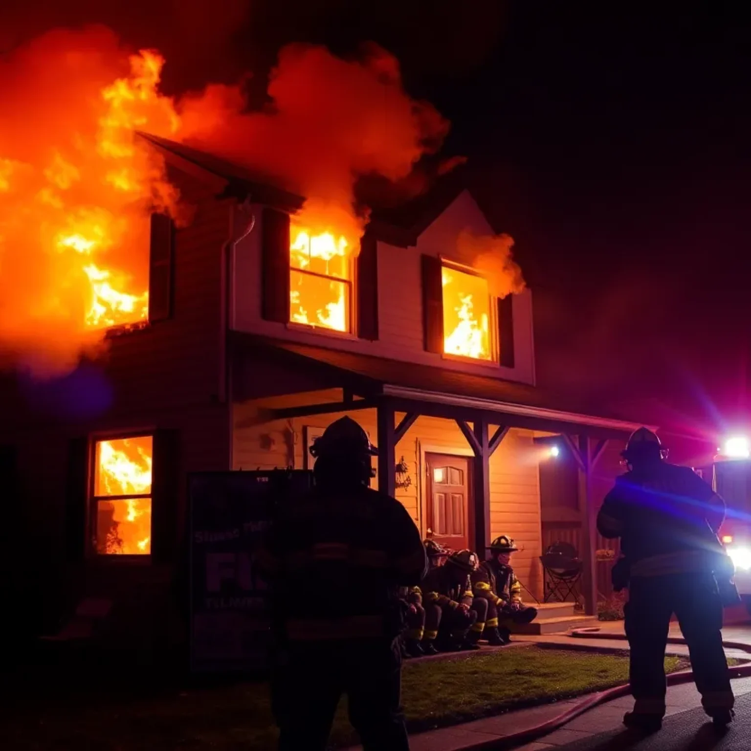 Firefighters in action during a night rescue from a burning house