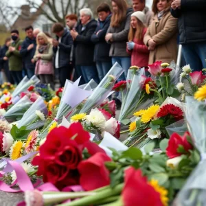 Tributes and flowers at a memorial for the victims of the Highland Park parade shooting.