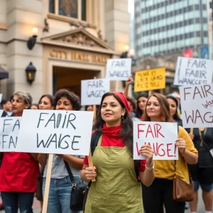 Hospitality workers rally for fair wages outside City Hall in San Antonio.