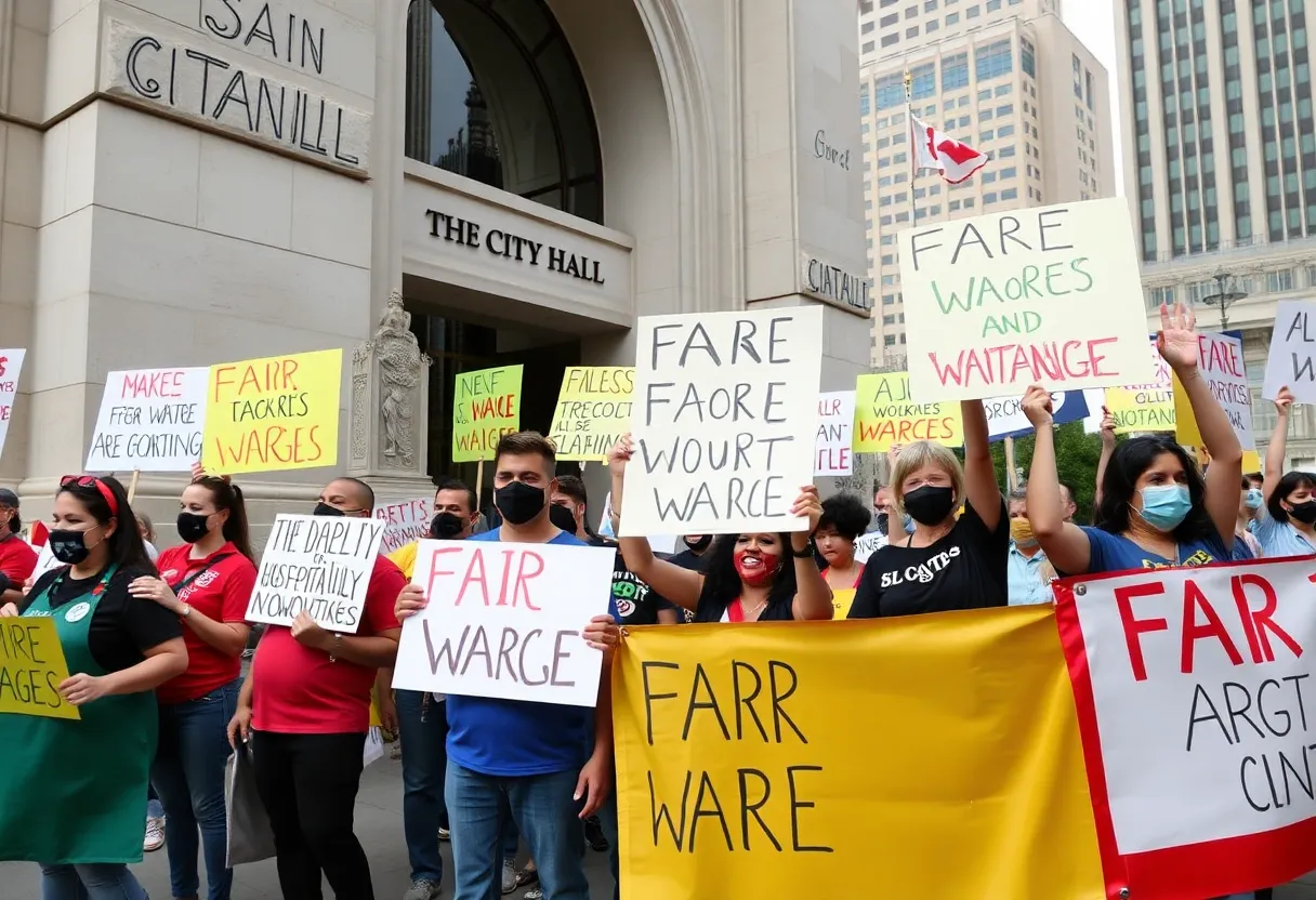 Hospitality workers rally for fair wages outside City Hall in San Antonio.