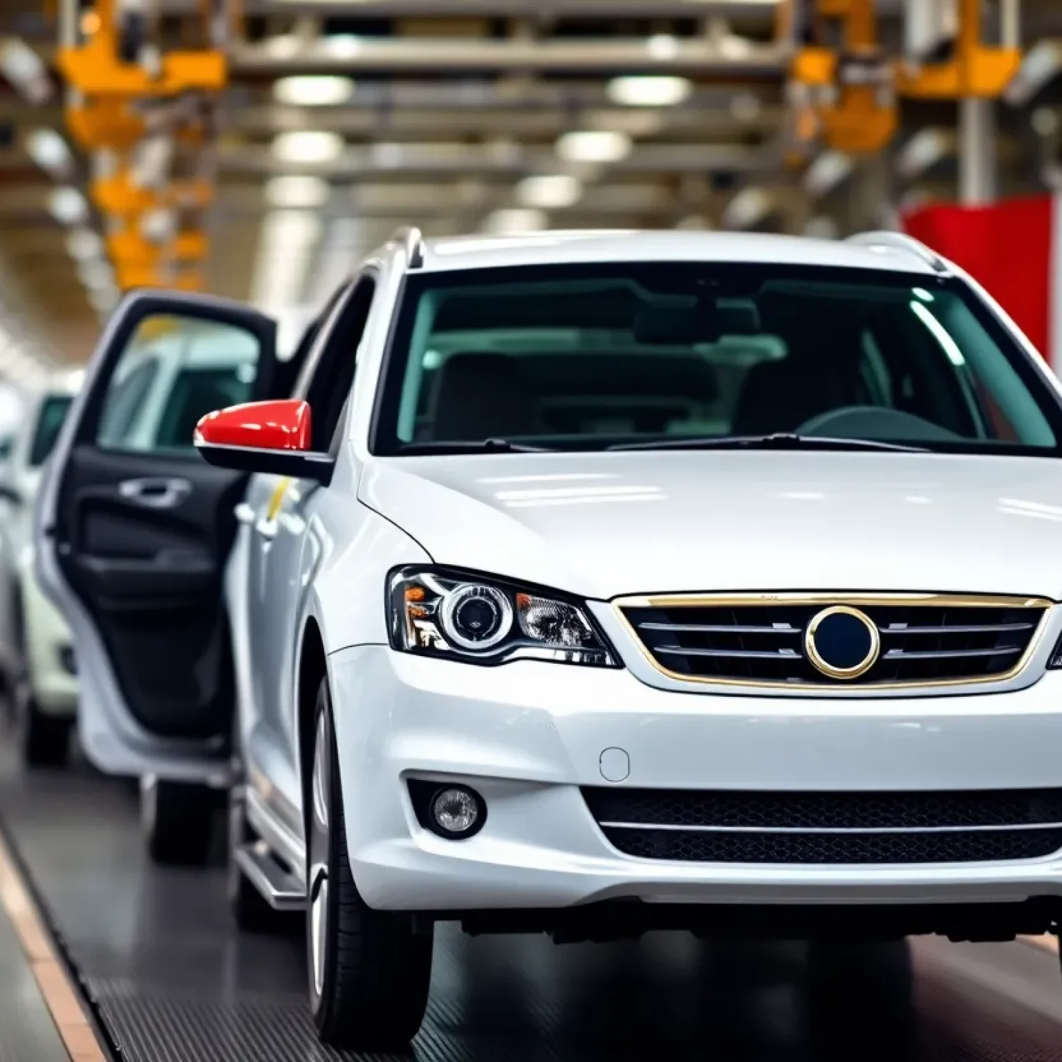 Car assembly line with flags representing Canada and Mexico