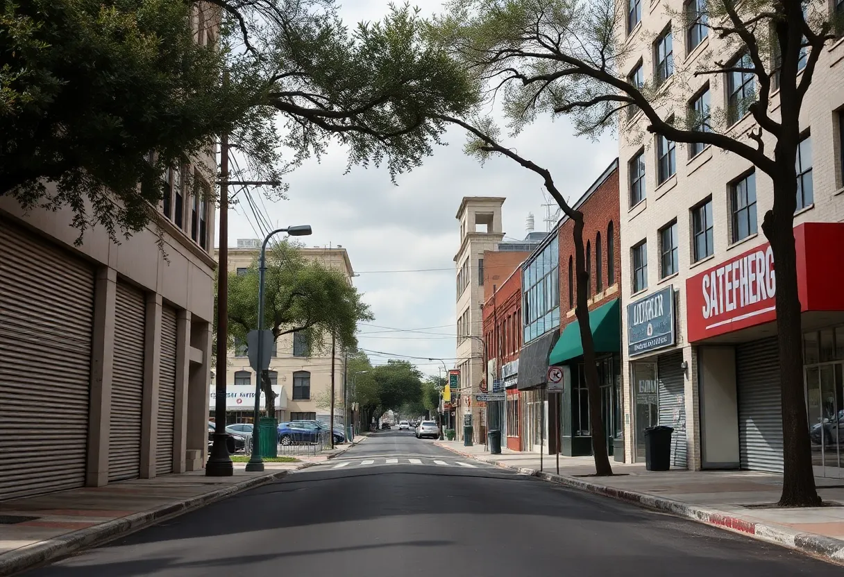 Urban landscape of San Antonio showing the effects of government cost-cutting measures.