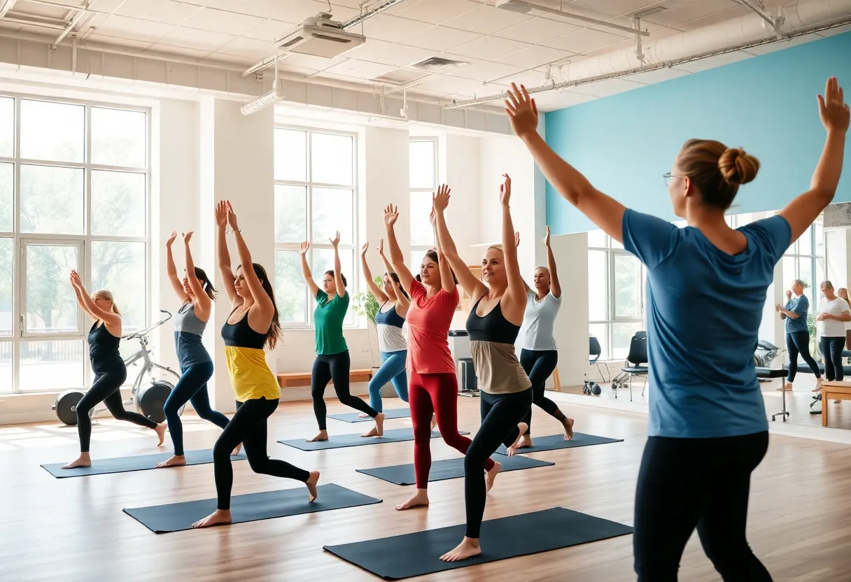 A vibrant health and fitness studio with participants in integrated movement exercises.