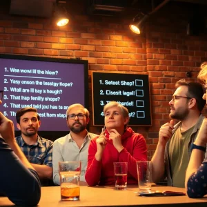 Contestants participating in a trivia game with a question board