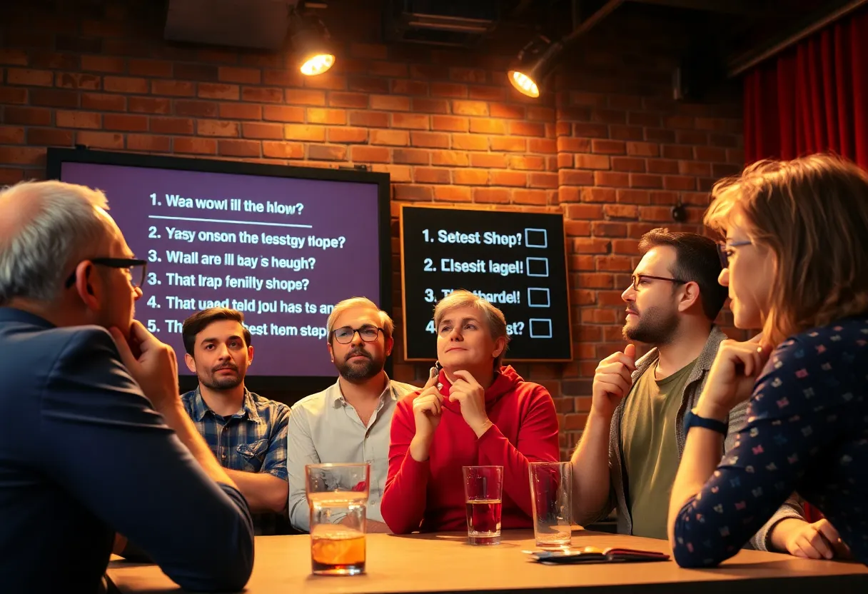 Contestants participating in a trivia game with a question board