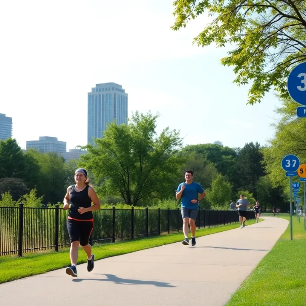 Joggers on a trail with safety markers in a park