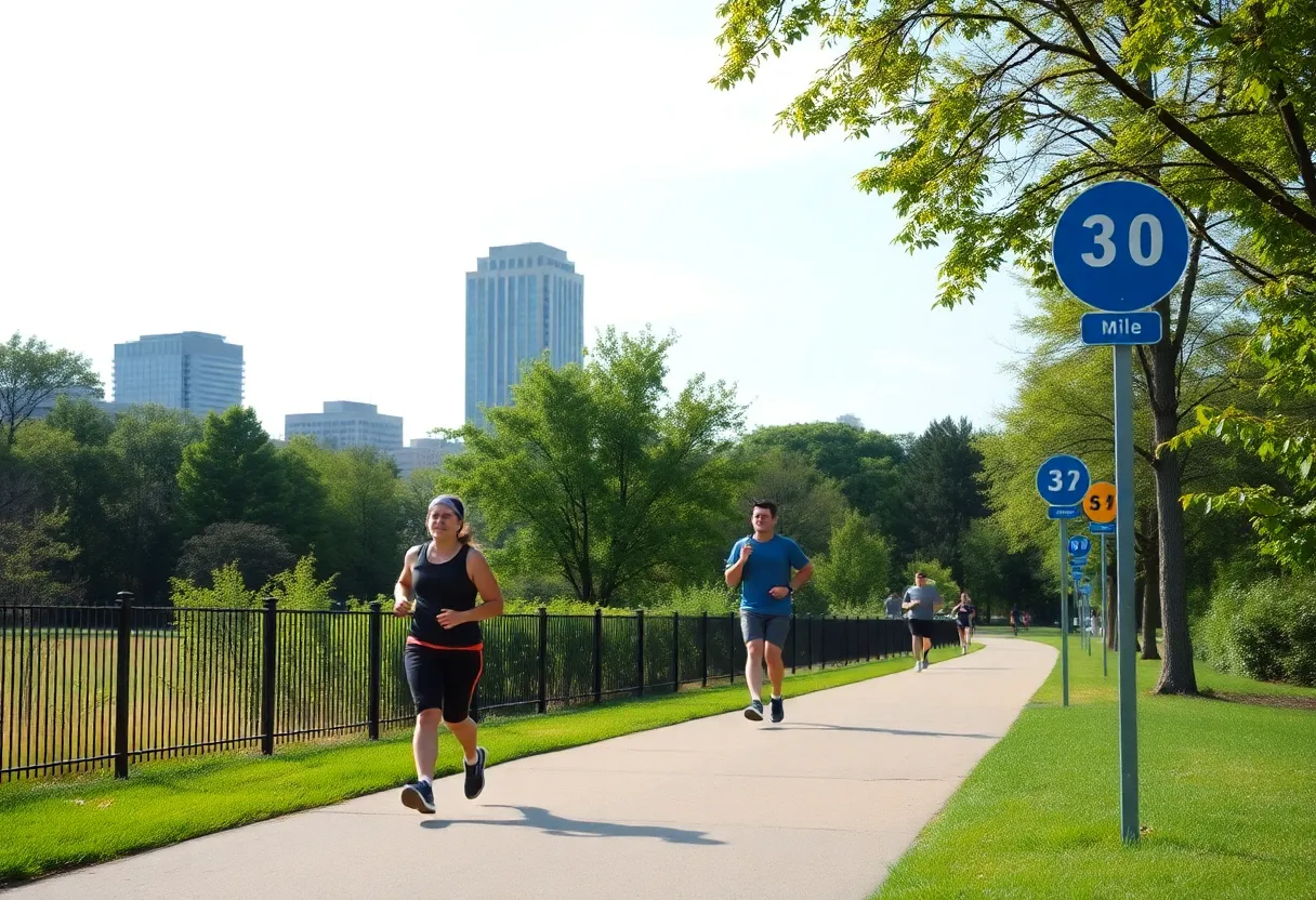 Joggers on a trail with safety markers in a park