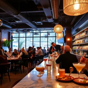 Vibrant bar atmosphere at Jue Let with cocktails and small plates