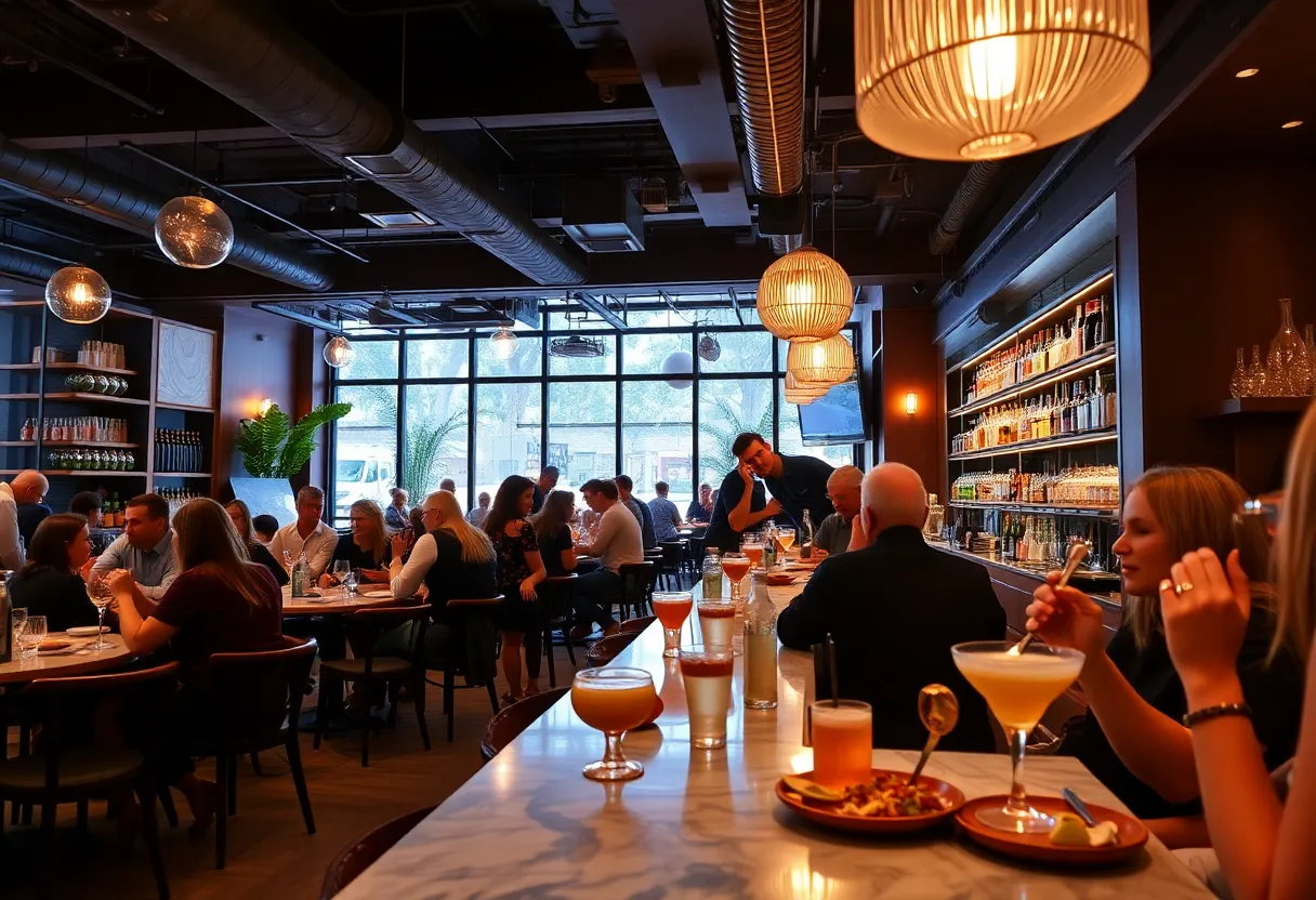 Vibrant bar atmosphere at Jue Let with cocktails and small plates