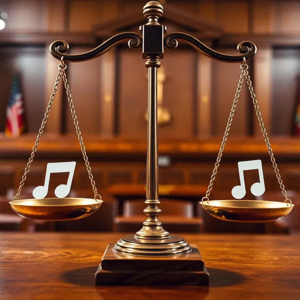 Illustration of justice scales and music symbols