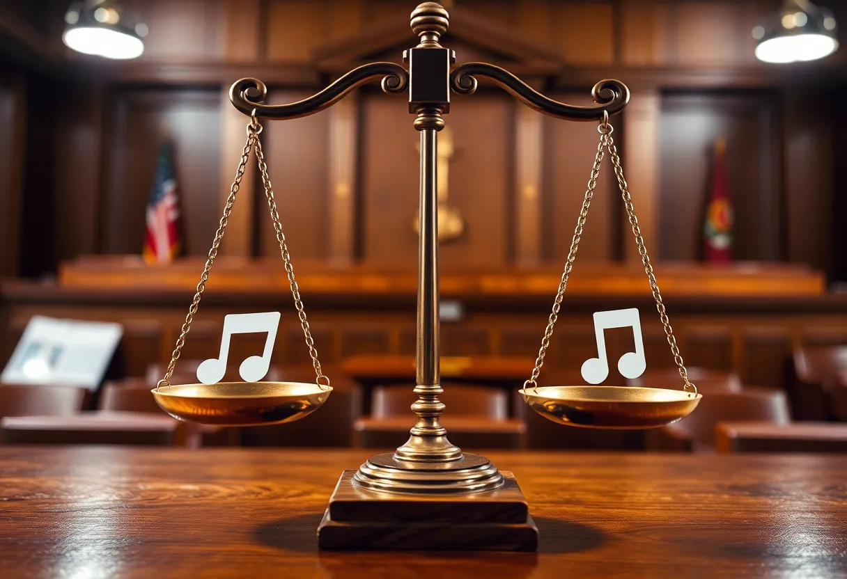 Illustration of justice scales and music symbols