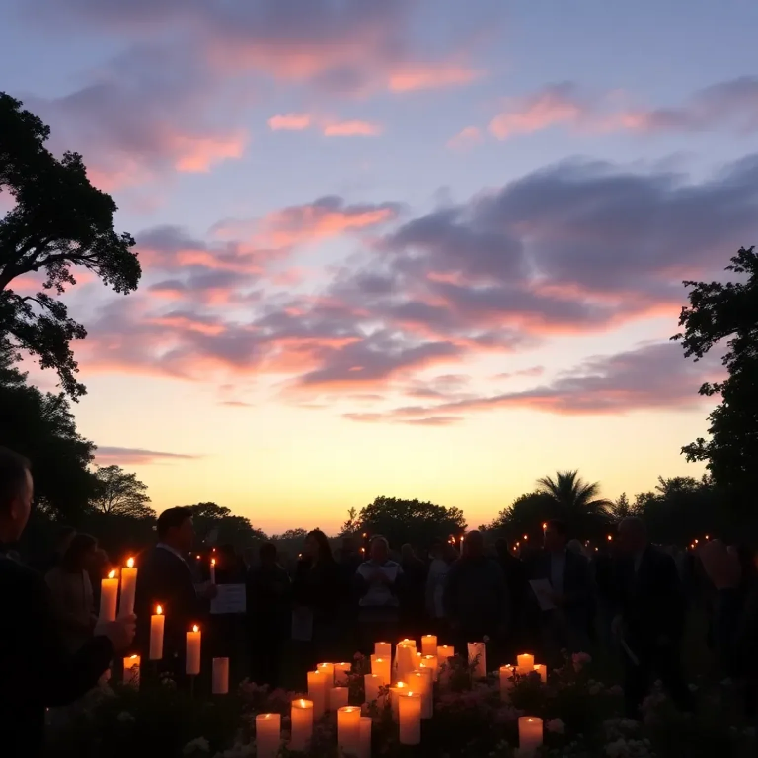 A memorial for Kaitlin Hernandez with candles and flowers in a community setting.