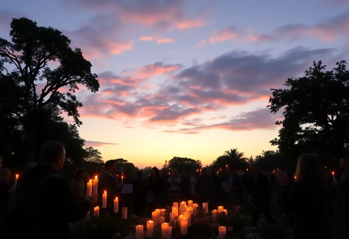 A memorial for Kaitlin Hernandez with candles and flowers in a community setting.