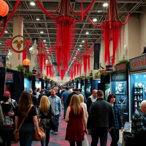 Attendees at the Kings of Horror Convention browsing horror-themed booths.