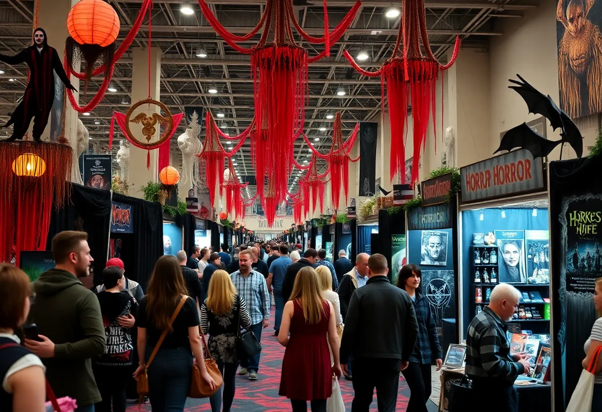 Attendees at the Kings of Horror Convention browsing horror-themed booths.