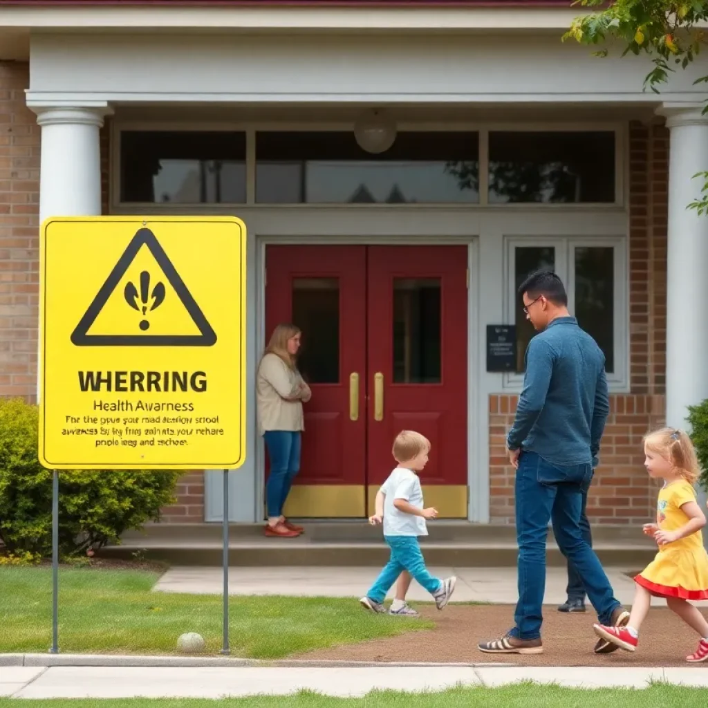 Health awareness sign at Legacy Traditional School with children outside.