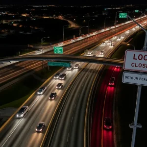 Nighttime view of Loop 1604 showing construction and road closure signs.